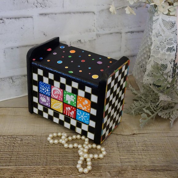 Hand Painted Whimsy Recipe Box Vintage Checks Decorative Box Whimsical Decor - Picture 9 of 9